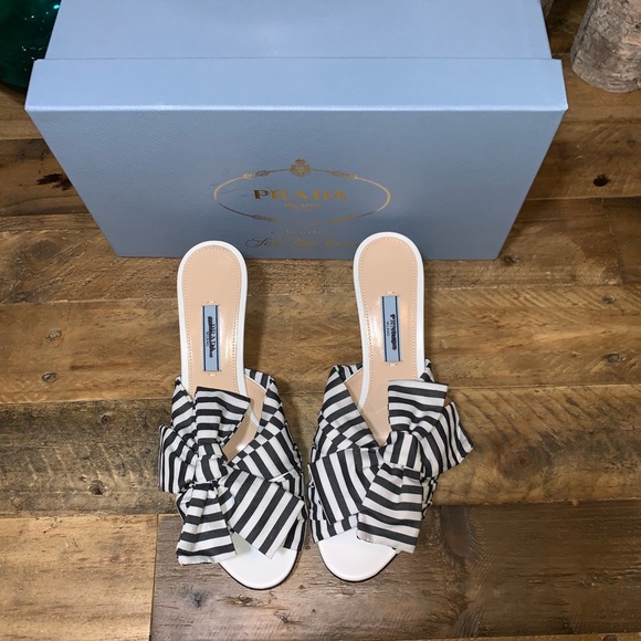 Prada Striped Bow Kitten Heel Sandals - Picture 8 of 8